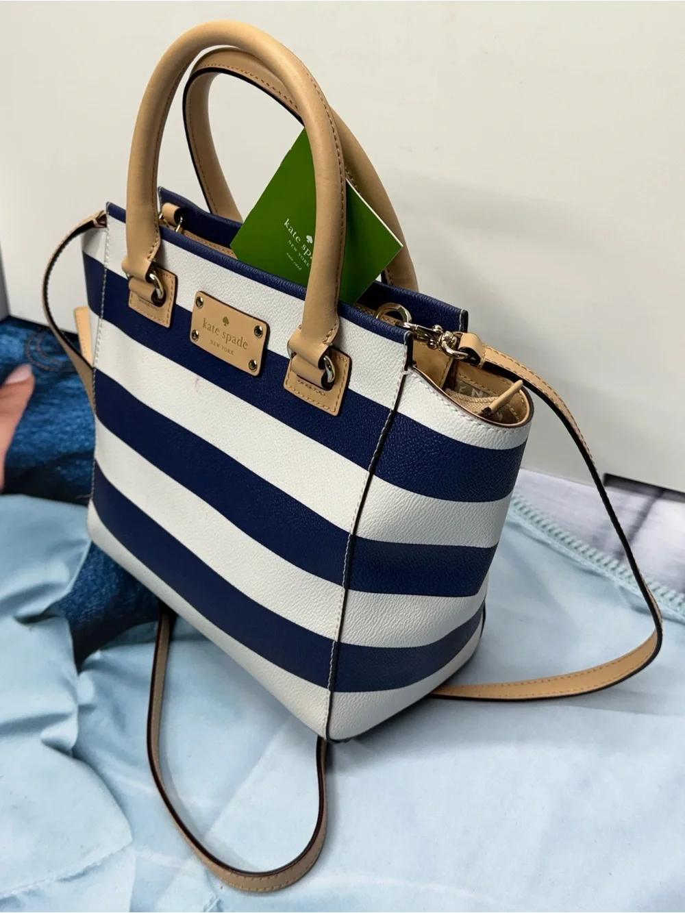 (new+card) Kate Spade Rare Leather Satchel Navy and White Striped Tan Trim